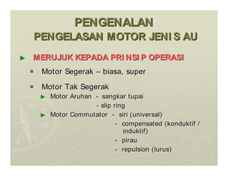 PENGENALAN
PENGENALAN
PENGELASAN MOTOR JENI S AU
PENGELASAN MOTOR JENI S AU
►
► MERUJUK KEPADA PRI NSI P OPERASI
MERUJUK KEPADA PRI NSI P OPERASI

 Motor Segerak
Motor Segerak –
– biasa, super
biasa, super

 Motor Tak Segerak
Motor Tak Segerak
►
► Motor Aruhan
Motor Aruhan -
- sangkar tupai
sangkar tupai
-
- slip ring
slip ring
►
► Motor Commutator
Motor Commutator -
- siri (universal)
siri (universal)
-
- compensated (konduktif /
compensated (konduktif /
induktif)
induktif)
-
- pirau
pirau
-
- repulsion (lurus)
repulsion (lurus)
 