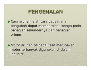 PENGENALAN
PENGENALAN
►
►Cara
Cara aruhan
aruhan ialah
ialah cara
cara bagaimana
bagaimana
pengubah
pengubah dapat
dapat memperolehi
memperolehi tenaga
tenaga pada
pada
bahagian
bahagian sekundernya
sekundernya dari
dari bahagian
bahagian
primer.
primer.
►
►Motor
Motor aruhan
aruhan pelbagai
pelbagai fasa
fasa merupakan
merupakan
motor
motor terbanyak
terbanyak digunakan
digunakan di
di dalam
dalam
industri
industri.
.
 