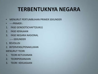 TERBENTUKNYA NEGARA
• MENURUT PERTUMBUHAN PRIMER SEKUNDER
• ----PRIMER :
1. FASE GENOOTSCHAFT(SUKU)
2. FASE KERAJAAN
3. FASE NEGARA NASIONAL
. -----SEKUNDER
1. REVOLUSI
2. INTERVENSI/PENAKLUKAN
MENURUT TEORI
1. TEORI KETUHANAN
2. TEORIPERJANJIAN
3. TEORI KEKUASAAN
 