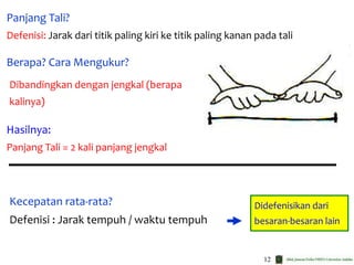 12
Panjang Tali?
Defenisi: Jarak dari titik paling kiri ke titik paling kanan pada tali
Berapa? Cara Mengukur?
Hasilnya:
Panjang Tali = 2 kali panjang jengkal
Kecepatan rata-rata?
Defenisi : Jarak tempuh / waktu tempuh
Dibandingkan dengan jengkal (berapa
kalinya)
Didefenisikan dari
besaran-besaran lain
 