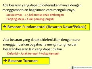 13
Ada besaran yang dapat didefenisikan hanya dengan
menggambarkan bagaimana cara mengukurnya.
Massa emas = 5 kali massa anak timbangan
Panjang Meja = 2 kali panjang jengkal
Ada besaran yang dapat didefenisikan dengan cara
menggambarkan bagaimana menghitungnya dari
besaran-besaran lain yang dapat diukur.
Defenisi = Jarak tempuh / waktu tempuh
 Besaran Fundamental (Besaran Dasar/Pokok)
 Besaran Turunan
 