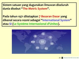 20
Sistem satuan yang dugunakan ilmuwan diseluruh
dunia disebut “The Metric System”.
Pada tahun 1971 ditetapkan 7 Besaran Dasar yang
dikenal secara resmi sebagai “International System”
atau SI (Le Systéme Internasional d’Unites).
 