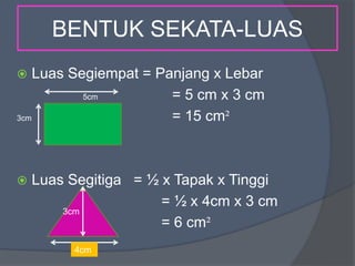 BENTUK SEKATA-LUAS
 Luas Segiempat = Panjang x Lebar
5cm = 5 cm x 3 cm
3cm = 15 cm²
 Luas Segitiga = ½ x Tapak x Tinggi
= ½ x 4cm x 3 cm
= 6 cm²
3cm
3cm
4cm
 