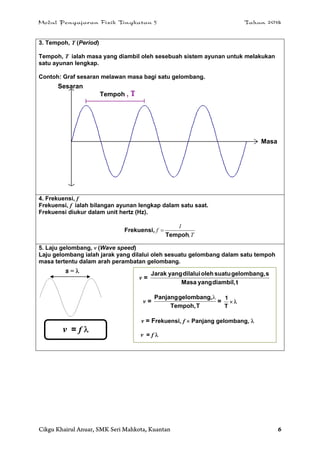 Modul Pengajaran Fizik Tingkatan 5 Tahun 2014
Cikgu Khairul Anuar, SMK Seri Mahkota, Kuantan 6
3. Tempoh, T (Period)
Tempoh, T ialah masa yang diambil oleh sesebuah sistem ayunan untuk melakukan
satu ayunan lengkap.
Contoh: Graf sesaran melawan masa bagi satu gelombang.
4. Frekuensi, f
Frekuensi, f ialah bilangan ayunan lengkap dalam satu saat.
Frekuensi diukur dalam unit hertz (Hz).
T,
1
f
Tempoh
Frekuensi, 
5. Laju gelombang, v (Wave speed)
Laju gelombang ialah jarak yang dilalui oleh sesuatu gelombang dalam satu tempoh
masa tertentu dalam arah perambatan gelombang.
Tempoh
Masa
Sesaran
s = 
v =
tdiambil,yangMasa
sgelombang,suatuolehdilaluiyangJarak
v =
TTempoh,
gelombang,Panjang 
= 
T
1
v = Frekuensi, f  Panjang gelombang, 
v = f 
v = f 
 