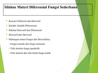 Silabus Materi Diferensial Fungsi Sederhana 
 Kuosien Diferensi dan Derivatif 
 Kaidah- Kaidah Diferensiasi 
 Hakikat Derivatif dan Diferensial 
 Derivatif dari Derivatif 
 Hubungan antara Fungsi dan Derivatifnya 
- Fungsi menaik dan fungsi menurun 
- Titik ekstrim fungsi parabolik 
- Titik ekstrim dan titik belok fungsi kubik 
 