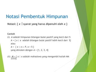 Notasi Pembentuk Himpunan 
Notasi: { x ú syarat yang harus dipenuhi oleh x } 
Contoh 
(i) A adalah himpunan bilangan bulat positif yang kecil dari 5 
A = { x | x adalah bilangan bulat positif lebih kecil dari 5} 
atau 
A = { x | x Î P, x < 5 } 
yang ekivalen dengan A = {1, 2, 3, 4} 
(ii) M = { x | x adalah mahasiswa yang mengambil kuliah MA 
2333} 
 