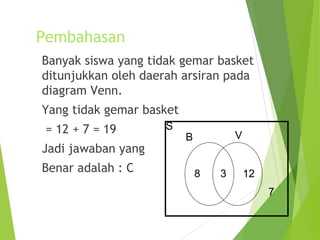 Pembahasan 
Banyak siswa yang tidak gemar basket 
ditunjukkan oleh daerah arsiran pada 
diagram Venn. 
Yang tidak gemar basket 
= 12 + 7 = 19 
S 
B V 
Jadi jawaban yang 
Benar adalah : C 
8 3 12 
7 
 