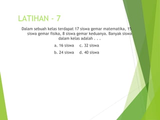 LATIHAN - 7 
Dalam sebuah kelas terdapat 17 siswa gemar matematika, 15 
siswa gemar fisika, 8 siswa gemar keduanya. Banyak siswa 
dalam kelas adalah . . . 
a. 16 siswa c. 32 siswa 
b. 24 siswa d. 40 siswa 
 