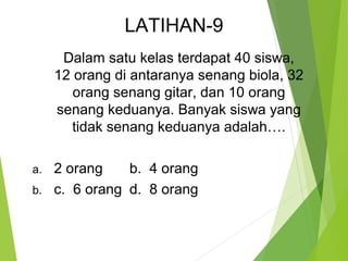 LATIHAN-9 
Dalam satu kelas terdapat 40 siswa, 
12 orang di antaranya senang biola, 32 
orang senang gitar, dan 10 orang 
senang keduanya. Banyak siswa yang 
tidak senang keduanya adalah…. 
a. 2 orang b. 4 orang 
b. c. 6 orang d. 8 orang 
 