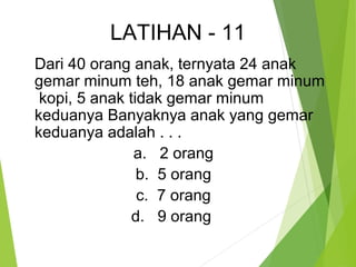 LATIHAN - 11 
Dari 40 orang anak, ternyata 24 anak 
gemar minum teh, 18 anak gemar minum 
kopi, 5 anak tidak gemar minum 
keduanya Banyaknya anak yang gemar 
keduanya adalah . . . 
a. 2 orang 
b. 5 orang 
c. 7 orang 
d. 9 orang 
 