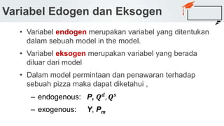 Variabel Edogen dan Eksogen
• Variabel endogen merupakan variabel yang ditentukan
dalam sebuah model in the model.
• Variabel eksogen merupakan variabel yang berada
diluar dari model
• Dalam model permintaan dan penawaran terhadap
sebuah pizza maka dapat diketahui ,
– endogenous: P, 𝑸 𝒅, 𝑸 𝒔
– exogenous: Y, Pm
 