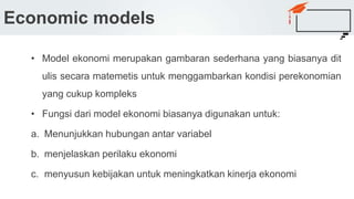 Economic models
• Model ekonomi merupakan gambaran sederhana yang biasanya dit
ulis secara matemetis untuk menggambarkan kondisi perekonomian
yang cukup kompleks
• Fungsi dari model ekonomi biasanya digunakan untuk:
a. Menunjukkan hubungan antar variabel
b. menjelaskan perilaku ekonomi
c. menyusun kebijakan untuk meningkatkan kinerja ekonomi
 