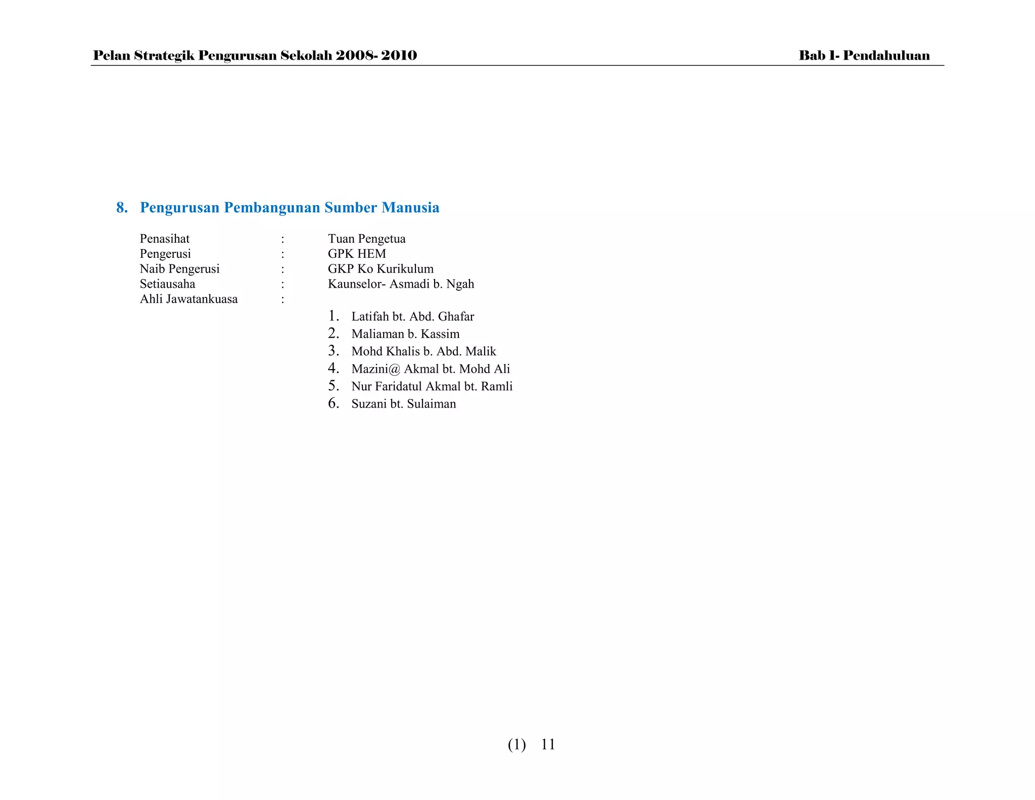 Pelan Strategik Pengurusan Sekolah 2008- 2010                             Bab 1- Pendahuluan




   8. Pengurusan Pembangunan Sumber Manusia
      Penasihat           :     Tuan Pengetua
      Pengerusi           :     GPK HEM
      Naib Pengerusi      :     GKP Ko Kurikulum
      Setiausaha          :     Kaunselor- Asmadi b. Ngah
      Ahli Jawatankuasa   :
                                1.   Latifah bt. Abd. Ghafar
                                2.   Maliaman b. Kassim
                                3.   Mohd Khalis b. Abd. Malik
                                4.   Mazini@ Akmal bt. Mohd Ali
                                5.   Nur Faridatul Akmal bt. Ramli
                                6.   Suzani bt. Sulaiman




                                                                 (1) 11
 