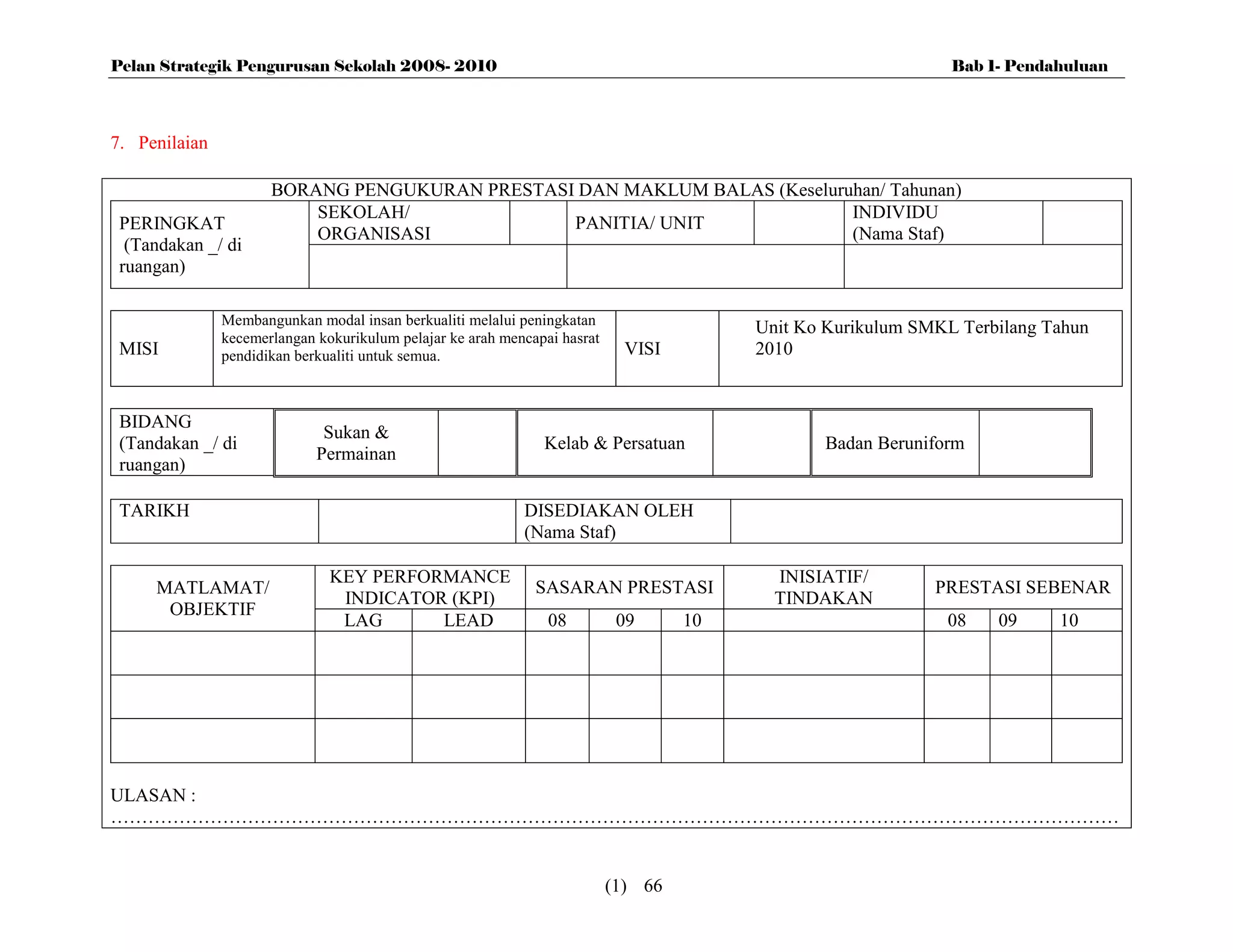 Pelan Strategik Pengurusan Sekolah 2008- 2010                                                                  Bab 1- Pendahuluan



7. Penilaian

                      BORANG PENGUKURAN PRESTASI DAN MAKLUM BALAS (Keseluruhan/ Tahunan)
                          SEKOLAH/                                         INDIVIDU
 PERINGKAT                                      PANITIA/ UNIT
                          ORGANISASI                                       (Nama Staf)
  (Tandakan _/ di
 ruangan)

               Membangunkan modal insan berkualiti melalui peningkatan
                                                                                         Unit Ko Kurikulum SMKL Terbilang Tahun
               kecemerlangan kokurikulum pelajar ke arah mencapai hasrat
 MISI          pendidikan berkualiti untuk semua.                            VISI        2010


 BIDANG
                              Sukan &
 (Tandakan _/ di                                               Kelab & Persatuan                Badan Beruniform
                             Permainan
 ruangan)

 TARIKH                                                     DISEDIAKAN OLEH
                                                            (Nama Staf)

                               KEY PERFORMANCE                                             INISIATIF/
     MATLAMAT/                                                SASARAN PRESTASI                               PRESTASI SEBENAR
                                INDICATOR (KPI)                                            TINDAKAN
      OBJEKTIF
                                LAG      LEAD                   08          09      10                        08    09     10




ULASAN :
………………………………………………………………………………………………………………………………………………


                                                                           (1) 66
 