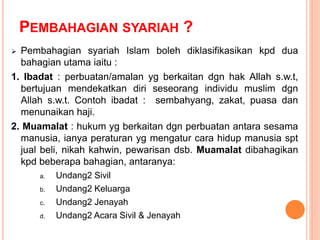 PEMBAHAGIAN SYARIAH ?
 Pembahagian syariah Islam boleh diklasifikasikan kpd dua
bahagian utama iaitu :
1. Ibadat : perbuatan/amalan yg berkaitan dgn hak Allah s.w.t,
bertujuan mendekatkan diri seseorang individu muslim dgn
Allah s.w.t. Contoh ibadat : sembahyang, zakat, puasa dan
menunaikan haji.
2. Muamalat : hukum yg berkaitan dgn perbuatan antara sesama
manusia, ianya peraturan yg mengatur cara hidup manusia spt
jual beli, nikah kahwin, pewarisan dsb. Muamalat dibahagikan
kpd beberapa bahagian, antaranya:
a. Undang2 Sivil
b. Undang2 Keluarga
c. Undang2 Jenayah
d. Undang2 Acara Sivil & Jenayah
 