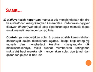 b) Hajiyyat ialah keperluan manusia utk menghindarkan diri drp
kesulitan2 dan menghilangkan kesempitan. Kedudukan hajiyyat
dibawah dharuriyyat tetapi tetap diperlukan agar manusia dapat
untuk memelihara keperluan yg lima.
Contohnya mengerjakan solat & puasa adalah kemaslahatan
dharuriyyat dalam memelihara agama. Tetapi bagi orang yg
musafir dan menghadapi kesulitan (masyaqqah) utk
melaksanakannya, maka syariat memberikan keringanan
(rukhsah) bagi mereka utk mengerjakan solat dgn jama’ dan
qasar dan puasa di hari lain.
SAMB...
 