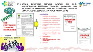 1.5.3.5 KEPALA PUSKESMAS BERSAMA DENGAN TIM MUTU
MERENCANAKAN PERTEMUAN TINJAUAN MANAJEMEN DAN
PELAKSANAAN PERTEMUAN TINJAUAN MANAJEMEN DILAKUKAN
DENGAN AGENDA SEBAGAIMANA POKOK PIKIRAN. (D, W)
AGENDA PTM
1. Pembukaan oleh Ketua Mutu
2. Pengarahan oleh Kepala Puskesmas
3. Pembahasan Hasil PTM sebelumnya
4. Pembahasan hasil audit internal
5. Pembahasan umpan balik/keluhan
pelanggan
6. Pembahasan hasil survei kepuasan
pelanggan
7. Pembahasan hasil penilaian kinerja
8. Pembahasan masalah operasional
yang terkait dengan sitem
manajemen mutu, pelayanan UKM
dan UKP
9. REKOMENDASI
10. RENCANA
PERBAIKAN/PERUBAHAN YANG
DIPERLUKAN
11. Penutupan
SOP
PERTEMUAN
TINJAUAN
MANAJEMEN
 PERIODIK
 TERENCANA DENGAN
BAIK
UNDANGAN
PTM
LAPORAN
PTM
 