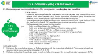 1.3.3 Setiap pegawai mempunyai dokumen (file) kepegawaian yang lengkap dan mutakhir
POKOK PIKIRAN
• Puskesmas wajib menyediakan file kepegawaian untuk tiap pegawai yang bekerja di Puskesmas
sebagai bukti bahwa pegawai yang bekerja memenuhi persyaratan yang ditetapkan dan
dilakukan upaya pengembangan untuk memenuhi persyaratan tersebut.
• Tenaga Kesehatan yang bekerja di Puskesmas harus mempunyai Surat Tanda Registrasi (STR),
dan atau Surat Izin Praktik (SIP) sesuai ketentuan peraturan perundang-undangan
• File kepegawaian tiap pegawai berisi antara lain:
• bukti pendidikan (ijazah) dan verifikasinya
• bukti surat tanda registrasi (STR) dan verifikasinya secara periodik
• bukti surat izin praktik (SIP) dan verifikasinya secara periodik
• uraian tugas pegawai dan/atau rincian wewenang klinis tenaga kesehatan
• bukti sertifikat pelatihan
• bukti pengalaman kerja jika dipersyaratkan
• hasil penilaian kinerja pegawai
• bukti kebutuhan pengembangan/pelatihan
• bukti evaluasi penerapan hasil pelatihan
• bukti pelaksaanaan orientasi.
ELEMEN PENILAIAN
1. Ditetapkan dan tersedia kelengkapan isi file kepegawaian untuk tiap pegawai yang bekerja di Pukesmas yang terpelihara
sesuai dengan prosedur yang telah ditetapkan. (R, D, O, W)
2. Dilakukan evaluasi dan tindak lanjut secara periodik terhadap kelengkapan dan pemutakhiran data kepegawaian. (D, W)
1.3.3. DOKUMEN (file) KEPEGAWAIAN
1.3.3
FILE
KEPEGAWAIAN
 