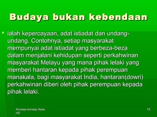 BBuuddaayyaa bbuukkaann kkeebbeennddaaaann 
KKoonnsseepp--kkoonnsseepp AAssaass 
HHEE 
1100 
 iiaallaahh kkeeppeerrccaayyaaaann,, aaddaatt iissttiiaaddaatt ddaann uunnddaanngg-- 
uunnddaanngg.. CCoonnttoohhnnyyaa,, sseettiiaapp mmaassyyaarraakkaatt 
mmeemmppuunnyyaaii aaddaatt iissttiiaaddaatt yyaanngg bbeerrbbeezzaa--bbeezzaa 
ddaallaamm mmeennjjaallaannii kkeehhiidduuppaann sseeppeerrttii ppeerrkkaahhwwiinnaann 
mmaassyyaarraakkaatt MMeellaayyuu yyaanngg mmaannaa ppiihhaakk lleellaakkii yyaanngg 
mmeemmbbeerrii hhaannttaarraann kkeeppaaddaa ppiihhaakk ppeerreemmppuuaann 
mmaannaakkaallaa,, bbaaggii mmaassyyaarraakkaatt IInnddiiaa,, hhaannttaarraann((ddoowwrrii)) 
ppeerrkkaahhwwiinnaann ddiibbeerrii oolleehh ppiihhaakk ppeerreemmppuuaann kkeeppaaddaa 
ppiihhaakk lleellaakkii.. 
 