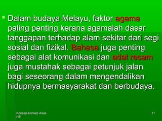  DDaallaamm bbuuddaayyaa MMeellaayyuu,, ffaakkttoorr aaggaammaa 
ppaalliinngg ppeennttiinngg kkeerraannaa aaggaammaallaahh ddaassaarr 
ttaannggggaappaann tteerrhhaaddaapp aallaamm sseekkiittaarr ddaarrii sseeggii 
ssoossiiaall ddaann ffiizziikkaall.. BBaahhaassaa jjuuggaa ppeennttiinngg 
sseebbaaggaaii aallaatt kkoommuunniikkaassii ddaann aaddaatt rreessaamm 
jjuuggaa mmuussttaahhaakk sseebbaaggaaii ppeettuunnjjuukk jjaallaann 
bbaaggii sseesseeoorraanngg ddaallaamm mmeennggeennddaalliikkaann 
hhiidduuppnnyyaa bbeerrmmaassyyaarraakkaatt ddaann bbeerrbbuuddaayyaa.. 
KKoonnsseepp--kkoonnsseepp AAssaass 
HHEE 
1111 
 