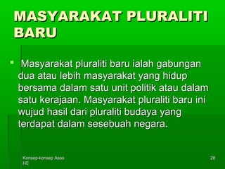 KKoonnsseepp--kkoonnsseepp AAssaass 
HHEE 
2288 
MMAASSYYAARRAAKKAATT PPLLUURRAALLIITTII 
BBAARRUU 
 MMaassyyaarraakkaatt pplluurraalliittii bbaarruu iiaallaahh ggaabbuunnggaann 
dduuaa aattaauu lleebbiihh mmaassyyaarraakkaatt yyaanngg hhiidduupp 
bbeerrssaammaa ddaallaamm ssaattuu uunniitt ppoolliittiikk aattaauu ddaallaamm 
ssaattuu kkeerraajjaaaann.. MMaassyyaarraakkaatt pplluurraalliittii bbaarruu iinnii 
wwuujjuudd hhaassiill ddaarrii pplluurraalliittii bbuuddaayyaa yyaanngg 
tteerrddaappaatt ddaallaamm sseesseebbuuaahh nneeggaarraa.. 
 