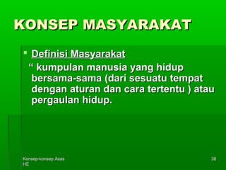 KKoonnsseepp--kkoonnsseepp AAssaass 
HHEE 
3388 
KKOONNSSEEPP MMAASSYYAARRAAKKAATT 
 DDeeffiinniissii MMaassyyaarraakkaatt 
““ kkuummppuullaann mmaannuussiiaa yyaanngg hhiidduupp 
bbeerrssaammaa--ssaammaa ((ddaarrii sseessuuaattuu tteemmppaatt 
ddeennggaann aattuurraann ddaann ccaarraa tteerrtteennttuu )) aattaauu 
ppeerrggaauullaann hhiidduupp.. 
 