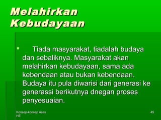 KKoonnsseepp--kkoonnsseepp AAssaass 
HHEE 
4455 
MMeellaahhiirrkkaann 
KKeebbuuddaayyaaaann 
 TTiiaaddaa mmaassyyaarraakkaatt,, ttiiaaddaallaahh bbuuddaayyaa 
ddaann sseebbaalliikknnyyaa.. MMaassyyaarraakkaatt aakkaann 
mmeellaahhiirrkkaann kkeebbuuddaayyaaaann,, ssaammaa aaddaa 
kkeebbeennddaaaann aattaauu bbuukkaann kkeebbeennddaaaann.. 
BBuuddaayyaa iittuu ppuullaa ddiiwwaarriissii ddaarrii ggeenneerraassii kkee 
ggeenneerraassssii bbeerriikkuuttnnyyaa ddnneeggaann pprroosseess 
ppeennyyeessuuaaiiaann.. 
 