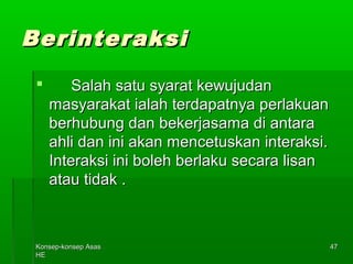 KKoonnsseepp--kkoonnsseepp AAssaass 
HHEE 
4477 
BBeerriinntteerraakkssii 
 SSaallaahh ssaattuu ssyyaarraatt kkeewwuujjuuddaann 
mmaassyyaarraakkaatt iiaallaahh tteerrddaappaattnnyyaa ppeerrllaakkuuaann 
bbeerrhhuubbuunngg ddaann bbeekkeerrjjaassaammaa ddii aannttaarraa 
aahhllii ddaann iinnii aakkaann mmeenncceettuusskkaann iinntteerraakkssii.. 
IInntteerraakkssii iinnii bboolleehh bbeerrllaakkuu sseeccaarraa lliissaann 
aattaauu ttiiddaakk .. 
 