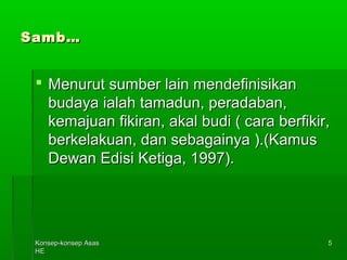 KKoonnsseepp--kkoonnsseepp AAssaass 
HHEE 
5 
SSaammbb…… 
 MMeennuurruutt ssuummbbeerr llaaiinn mmeennddeeffiinniissiikkaann 
bbuuddaayyaa iiaallaahh ttaammaadduunn,, ppeerraaddaabbaann,, 
kkeemmaajjuuaann ffiikkiirraann,, aakkaall bbuuddii (( ccaarraa bbeerrffiikkiirr,, 
bbeerrkkeellaakkuuaann,, ddaann sseebbaaggaaiinnyyaa ))..((KKaammuuss 
DDeewwaann EEddiissii KKeettiiggaa,, 11999977)).. 
 