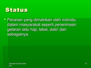KKoonnsseepp--kkoonnsseepp AAssaass 
HHEE 
5511 
SSttaattuuss 
 PPeerraannaann yyaanngg ddiimmaaiinnkkaann oolleehh iinnddiivviidduu 
ddaallaamm mmaassyyaarraakkaatt sseeppeerrttii ppeenneerriimmaaaann 
ggeellaarraann iiaaiittuu hhaajjii,, lleebbaaii,, ddaattoo'' ddaann 
sseebbaaggaaiinnyyaa.. 
 
