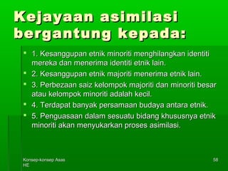 KKoonnsseepp--kkoonnsseepp AAssaass 
HHEE 
5588 
KKeejjaayyaaaann aassiimmiillaassii 
bbeerrggaannttuunngg kkeeppaaddaa:: 
 11.. KKeessaanngggguuppaann eettnniikk mmiinnoorriittii mmeenngghhiillaannggkkaann iiddeennttiittii 
mmeerreekkaa ddaann mmeenneerriimmaa iiddeennttiittii eettnniikk llaaiinn.. 
 22.. KKeessaanngggguuppaann eettnniikk mmaajjoorriittii mmeenneerriimmaa eettnniikk llaaiinn.. 
 33.. PPeerrbbeezzaaaann ssaaiizz kkeelloommppookk mmaajjoorriittii ddaann mmiinnoorriittii bbeessaarr 
aattaauu kkeelloommppookk mmiinnoorriittii aaddaallaahh kkeecciill.. 
 44.. TTeerrddaappaatt bbaannyyaakk ppeerrssaammaaaann bbuuddaayyaa aannttaarraa eettnniikk.. 
 55.. PPeenngguuaassaaaann ddaallaamm sseessuuaattuu bbiiddaanngg kkhhuussuussnnyyaa eettnniikk 
mmiinnoorriittii aakkaann mmeennyyuukkaarrkkaann pprroosseess aassiimmiillaassii.. 
 