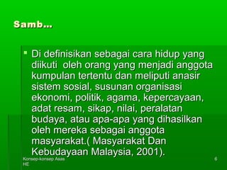 KKoonnsseepp--kkoonnsseepp AAssaass 
HHEE 
66 
SSaammbb…… 
 DDii ddeeffiinniissiikkaann sseebbaaggaaii ccaarraa hhiidduupp yyaanngg 
ddiiiikkuuttii oolleehh oorraanngg yyaanngg mmeennjjaaddii aannggggoottaa 
kkuummppuullaann tteerrtteennttuu ddaann mmeelliippuuttii aannaassiirr 
ssiisstteemm ssoossiiaall,, ssuussuunnaann oorrggaanniissaassii 
eekkoonnoommii,, ppoolliittiikk,, aaggaammaa,, kkeeppeerrccaayyaaaann,, 
aaddaatt rreessaamm,, ssiikkaapp,, nniillaaii,, ppeerraallaattaann 
bbuuddaayyaa,, aattaauu aappaa--aappaa yyaanngg ddiihhaassiillkkaann 
oolleehh mmeerreekkaa sseebbaaggaaii aannggggoottaa 
mmaassyyaarraakkaatt..(( MMaassyyaarraakkaatt DDaann 
KKeebbuuddaayyaaaann MMaallaayyssiiaa,, 22000011)).. 
 
