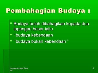 KKoonnsseepp--kkoonnsseepp AAssaass 
HHEE 
8 
PPeemmbbaahhaaggiiaann BBuuddaayyaa :: 
 BBuuddaayyaa bboolleehh ddiibbaahhaaggiikkaann kkeeppaaddaa dduuaa 
llaappaannggaann bbeessaarr iiaaiittuu 
 ‘‘ bbuuddaayyaa kkeebbeennddaaaann 
 ‘‘ bbuuddaayyaa bbuukkaann kkeebbeennddaaaann ’’ 
 