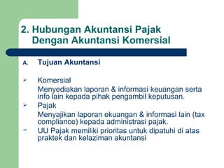 2. Hubungan Akuntansi Pajak    Dengan Akuntansi Komersial Tujuan Akuntansi Komersial  Menyediakan laporan & informasi keuangan serta info lain kepada pihak pengambil keputusan. Pajak Menyajikan laporan ekuangan & informasi lain (tax compliance) kepada administrasi pajak. UU Pajak memiliki prioritas untuk dipatuhi di atas praktek dan kelaziman akuntansi 