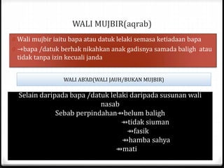 WALI MUJBIR(aqrab)
0 Wali mujbir iaitu bapa atau datuk lelaki semasa ketiadaan bapa

0 ⇾bapa /datuk berhak nikahkan anak gadisnya samada baligh atau

tidak tanpa izin kecuali janda
WALI AB’AD(WALI JAUH/BUKAN MUJBIR)

Selain daripada bapa /datuk lelaki daripada susunan wali
nasab
Sebab perpindahan⇻belum baligh
⇻tidak siuman
⇻fasik
⇻hamba sahya
⇻mati

 