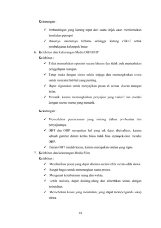 15
Kekurangan :
 Perbandingan yang kurang tepat dari suatu objek akan menimbulkan
kesalahan persepsi
 Biasanya ukurannya terbatas sehingga kurang efektif untuk
pembelajaran kelompok besar
6. Kelebihan dan Kekurangan Media OHT/OHP
Kelebihan :
 Tidak memerlukan operator secara khusus dan tidak pula memerlukan
penggelapan ruangan.
 Tatap muka dengan siswa selalu terjaga dan memungkinkan siswa
untuk mencatat hal-hal yang penting.
 Dapat digunakan untuk menyajikan pesan di semua ukuran ruangan
kelas.
 Menarik, karena memungkinkan penyajian yang variatif dan disertai
dengan warna-warna yang menarik.
Kekurangan :
 Memerlukan perencanaan yang matang dalam pembuatan dan
penyajiannya.
 OHT dan OHP merupakan hal yang tak dapat dipisahkan, karena
sebuah gambar dalam kertas biasa tidak bisa diproyeksikan melalui
OHP.
 Urutan OHT mudah kacau, karena merupakan urutan yang lepas.
7. Kelebihan dan kekurangan Media Film
Kelebihan :
 Memberikan pesan yang dapat diteima secara lebih merata oleh siswa.
 Sangat bagus untuk menerangkan suatu proses.
 Mengatasi keterbatasan ruang dan waktu.
 Lebih realistis, dapat diulang-ulang dan dihentikan sesuai dengan
kebutuhan.
 Memebrikan kesan yang mendalam, yang dapat mempengaruhi sikap
siswa.
 