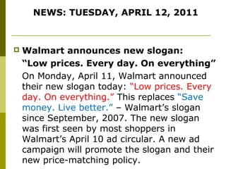 NEWS: TUESDAY, APRIL 12, 2011



   Walmart announces new slogan:
    “Low prices. Every day. On everything”
    On Monday, April 11, Walmart announced
    their new slogan today: “Low prices. Every
    day. On everything.” This replaces “Save
    money. Live better.” – Walmart’s slogan
    since September, 2007. The new slogan
    was first seen by most shoppers in
    Walmart’s April 10 ad circular. A new ad
    campaign will promote the slogan and their
    new price-matching policy.
 