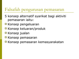 Falsafah pengurusan pemasaran
5 konsep alternatif syarikat bagi aktiviti
  pemasaran iaitu:
 Konsep pengeluaran
 Konsep keluaran/produk
 Konsep jualan
 Konsep pemasaran
 Konsep pemasaran kemasyarakatan
 
