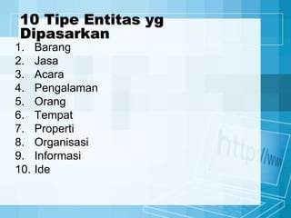 10 Tipe Entitas yg
Dipasarkan
1. Barang
2. Jasa
3. Acara
4. Pengalaman
5. Orang
6. Tempat
7. Properti
8. Organisasi
9. Informasi
10. Ide
 