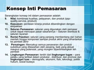 Konsep Inti Pemasaran
Serangkaian konsep inti dalam pemasaran adalah:
9. Nilai: kombinasi kualitas, pelayanan, dan produk (qsp-
quality,service, product)
10. Kepuasan: penilaian kinerja produk dibandingkan dengan
ekspektasi
11. Saluran Pemasaran: saluran yang digunakan oleh pemasar
untuk dapat mencapai pasar sasarannya – Saluran distribusi &
saluran layanan
12. Rantai Pasokan: saluran yang panjang membentang dari bahan
mentah hingga komponen sampai produk akhir yang dihantarkan
ke pembeli akhir
13. Persaingan: Mencakup semua penawaran dan produk
substitusi yang ditawarkan oleh pesaing, baik yang aktual
maupun yang potensial, yang mungkin dipertimbangkan leh
pembeli
14. Lingkungan Pemasaran: terdiri dari lingkungan tugas – para
pelaku yang terlibat dalam produksi , distribusi, dan promosi dan
lingkungan luas – demografis, ekonomi, fisik, teknologi, politik
hukum, sosial budaya
 