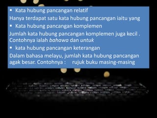  Kata hubung pancangan relatif
Hanya terdapat satu kata hubung pancangan iaitu yang
 Kata hubung pancangan komplemen
Jumlah kata hubung pancangan komplemen juga kecil .
Contohnya ialah bahawa dan untuk
 kata hubung pancangan keterangan
Dalam bahasa melayu, jumlah kata hubung pancangan
agak besar. Contohnya : rujuk buku masing-masing
 
