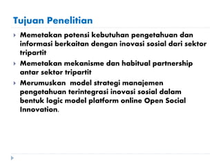 Tujuan Penelitian
 Memetakan potensi kebutuhan pengetahuan dan
informasi berkaitan dengan inovasi sosial dari sektor
tripartit
 Memetakan mekanisme dan habitual partnership
antar sektor tripartit
 Merumuskan model strategi manajemen
pengetahuan terintegrasi inovasi sosial dalam
bentuk logic model platform online Open Social
Innovation.
 