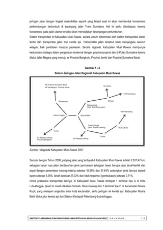 BANTEK PELAKSANAAN PENATAAN RUANG KABUPATEN MUSI RAWAS TAHUN 2008 | H A L A M A N I - 8 
jaringan jalan dengan tingkat aksesibilitas seperti yang terjadi saat ini akan membentuk konsentrasi perkembangan bertumbuh di sepanjang jalan Trans Sumatera. Hal ini perlu diantisipasi, karena konsentrasi pada jalan utama tersebut akan menciptakan kesenjangan pertumbuhan. 
Sistem transportasi di Kabupaten Musi Rawas, secara umum didominasi oleh sistem transportasi darat, terdiri dari transportasi jalan dan kereta api. Transportasi jalan tersebut telah menjangkau seluruh wilayah, baik perkotaan maupun pedesaan. Secara regional, Kabupaten Musi Rawas mempunyai kedudukan strategis dalam pergerakan eksternal dengan propinsi-propinsi lain di Pulau Sumatera karena dilalui Jalan Negara yang menuju ke Provinsi Bengkulu, Provinsi Jambi dan Propinsi Sumatera Barat. 
Gambar 1 - 4 
Sistem Jaringan Jalan Regional Kabupaten Musi Rawas 
Sumber : Bappeda Kabupaten Musi Rawas 2007 
Sampai dengan Tahun 2009, panjang jalan yang terdapat di Kabupaten Musi Rawas adalah 2.857,47 km, sebagian besar ruas jalan berdasarkan jenis permukaan sebagian besar berupa jalan tanah/kerikil dan aspal dengan persentase masing-masing sebesar 33,98% dan 31,64% sedangkan jenis lainnya seperti lapen sebesar 6,35%, tanah sebesar 27,32% dan tidak terperinci (pembukaan) sebesar 0,71%. 
Untuk prasarana transportasi lainnya, di Kabupaten Musi Rawas terdapat 1 terminal tipe A di Kota Lubuklinggau (saat ini masih dikelola Pemkab. Musi Rawas) dan 1 terminal tipe C di Kecamatan Muara Rupit, yang melayani angkutan antar kota kecamatan, serta jaringan rel kereta api. Kabupaten Muara Beliti dilalui jalur kereta api dari Stasiun Kertapati Palembang-Lubuklinggau. 
 