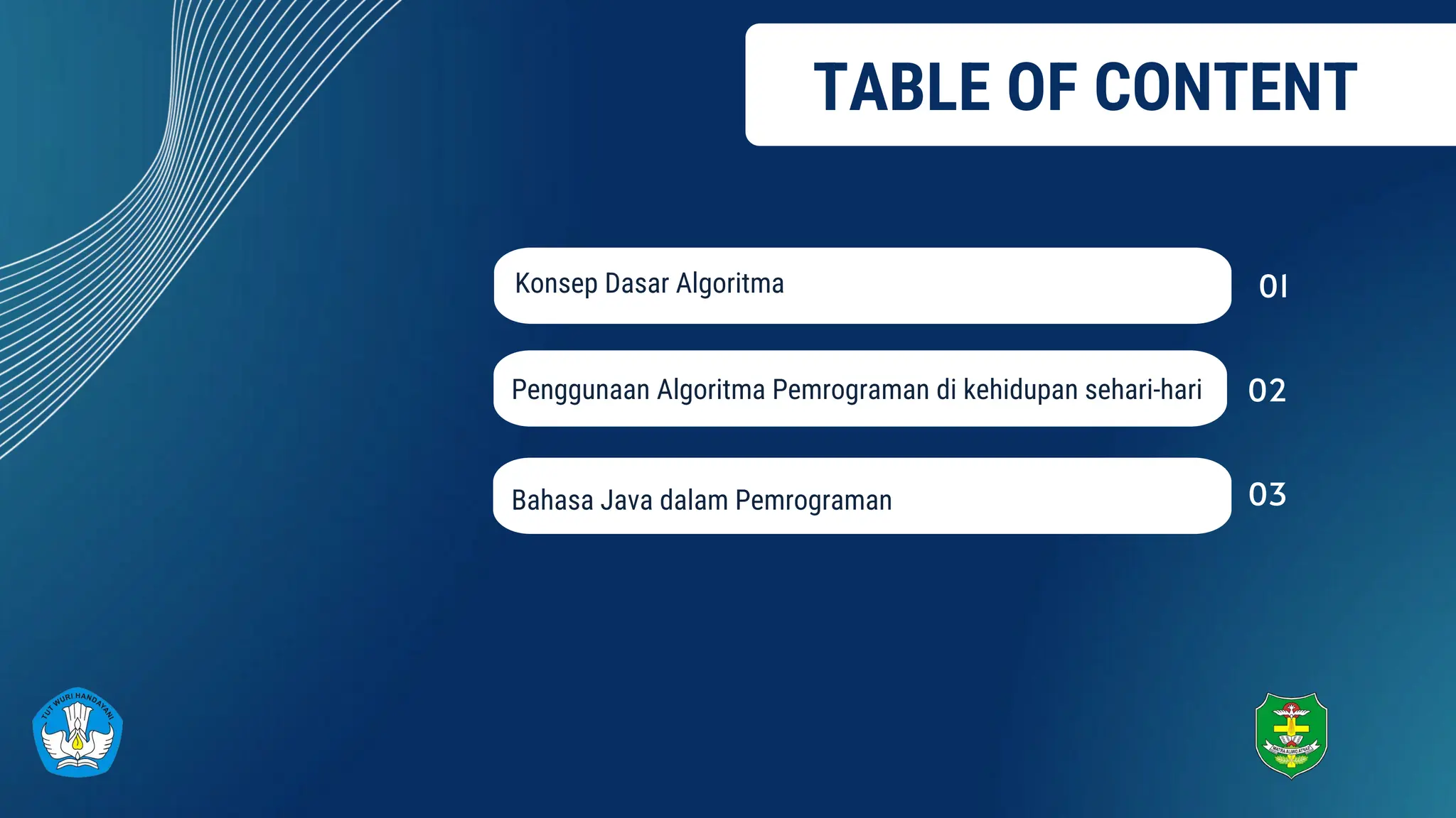 01
TABLE OF CONTENT
Konsep Dasar Algoritma
Penggunaan Algoritma Pemrograman di kehidupan sehari-hari
Bahasa Java dalam Pemrograman
02
03
 