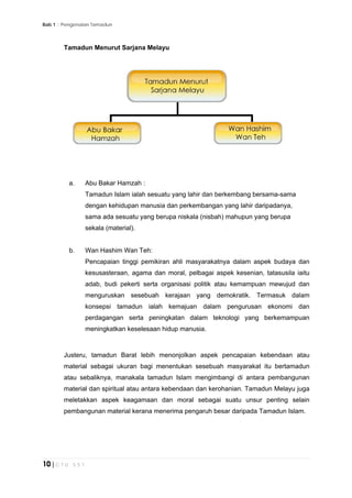 Bab 1 :: Pengenalan Tamadun
10 | C T U 5 5 1
Tamadun Menurut Sarjana Melayu
a. Abu Bakar Hamzah :
Tamadun Islam ialah sesuatu yang lahir dan berkembang bersama-sama
dengan kehidupan manusia dan perkembangan yang lahir daripadanya,
sama ada sesuatu yang berupa niskala (nisbah) mahupun yang berupa
sekala (material).
b. Wan Hashim Wan Teh:
Pencapaian tinggi pemikiran ahli masyarakatnya dalam aspek budaya dan
kesusasteraan, agama dan moral, pelbagai aspek kesenian, tatasusila iaitu
adab, budi pekerti serta organisasi politik atau kemampuan mewujud dan
menguruskan sesebuah kerajaan yang demokratik. Termasuk dalam
konsepsi tamadun ialah kemajuan dalam pengurusan ekonomi dan
perdagangan serta peningkatan dalam teknologi yang berkemampuan
meningkatkan keselesaan hidup manusia.
Justeru, tamadun Barat lebih menonjolkan aspek pencapaian kebendaan atau
material sebagai ukuran bagi menentukan sesebuah masyarakat itu bertamadun
atau sebaliknya, manakala tamadun Islam mengimbangi di antara pembangunan
material dan spiritual atau antara kebendaan dan kerohanian. Tamadun Melayu juga
meletakkan aspek keagamaan dan moral sebagai suatu unsur penting selain
pembangunan material kerana menerima pengaruh besar daripada Tamadun Islam.
 