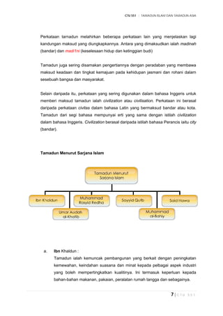 CTU 551 :: TAMADUN ISLAM DAN TAMADUN ASIA
7 | C T U 5 5 1
Perkataan tarnadun melahirkan beberapa perkataan lain yang menjelaskan lagi
kandungan maksud yang diungkapkannya. Antara yang dimaksudkan ialah madinah
(bandar) dan madi1ni (keselesaan hidup dan ketinggian budi)
Tamadun juga sering disamakan pengertiannya dengan peradaban yang membawa
maksud keadaan dan tingkat kemajuan pada kehidupan jasmani dan rohani dalarn
sesebuah bangsa dan masyarakat.
Selain daripada itu, perkataan yang sering digunakan dalam bahasa lnggeris untuk
memberi maksud tamadun ialah civilization atau civilisation. Perkataan ini berasal
daripada perkataan civitas dalam bahasa Latin yang bermaksud bandar atau kota.
Tamadun dari segi bahasa mempunyai erti yang sama dengan istilah civilization
dalam bahasa Inggeris. Civilization berasal daripada istilah bahasa Perancis iaitu city
(bandar).
Tamadun Menurut Sarjana Islam
a. Ibn Khaldun :
Tamadun ialah kemuncak pembangunan yang berkait dengan peningkatan
kemewahan, keindahan suasana dan minat kepada pelbagai aspek industri
yang boleh mempertingkatkan kualitinya. Ini termasuk keperluan kepada
bahan-bahan makanan, pakaian, peralatan rumah tangga dan sebagainya.
 