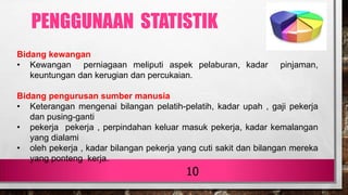 10
Bidang kewangan
• Kewangan perniagaan meliputi aspek pelaburan, kadar pinjaman,
keuntungan dan kerugian dan percukaian.
Bidang pengurusan sumber manusia
• Keterangan mengenai bilangan pelatih-pelatih, kadar upah , gaji pekerja
dan pusing-ganti
• pekerja pekerja , perpindahan keluar masuk pekerja, kadar kemalangan
yang dialami
• oleh pekerja , kadar bilangan pekerja yang cuti sakit dan bilangan mereka
yang ponteng kerja.
PENGGUNAAN STATISTIK
 