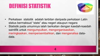 4
• Perkataan statsitik adalah terbitan daripada perkataan Latin
status bermaksud “state” atau negeri ataupun negara
• Statistik pada umumnya ialah berkaitan dengan kaedah-kaedah
saintifik untuk mengumpulkan, mengorganisasikan,
meringkaskan, mempersembahkan, dan menganalisa data-
data.
DEFINISI STATISTIK
 