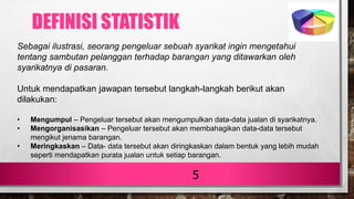5
Sebagai ilustrasi, seorang pengeluar sebuah syarikat ingin mengetahui
tentang sambutan pelanggan terhadap barangan yang ditawarkan oleh
syarikatnya di pasaran.
Untuk mendapatkan jawapan tersebut langkah-langkah berikut akan
dilakukan:
• Mengumpul – Pengeluar tersebut akan mengumpulkan data-data jualan di syarikatnya.
• Mengorganisasikan – Pengeluar tersebut akan membahagikan data-data tersebut
mengikut jenama barangan.
• Meringkaskan – Data- data tersebut akan diringkaskan dalam bentuk yang lebih mudah
seperti mendapatkan purata jualan untuk setiap barangan.
DEFINISI STATISTIK
 