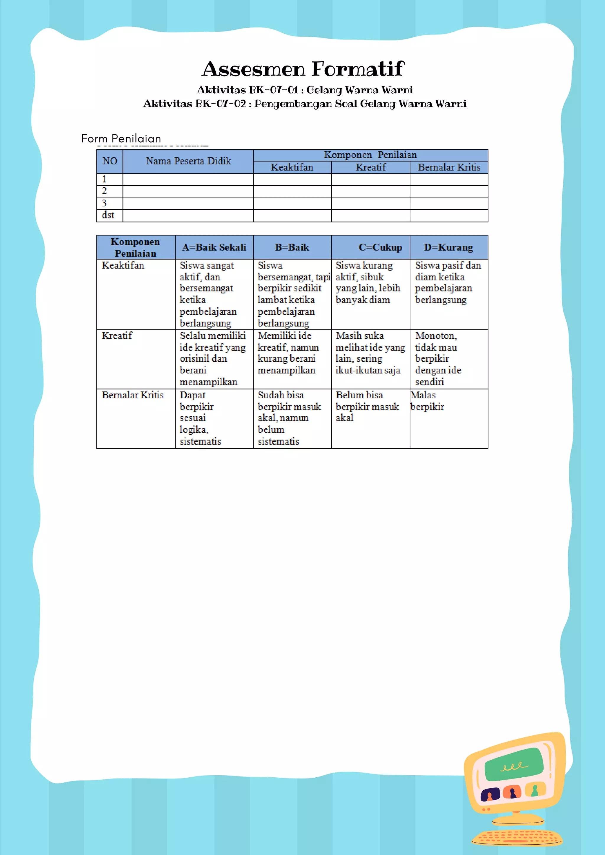 Assesmen Formatif
Aktivitas BK-07-01 : Gelang Warna Warni
Aktivitas BK-07-02 : Pengembangan Soal Gelang Warna Warni
Form Penilaian
 